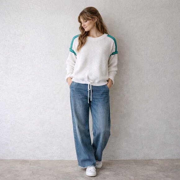 Lou & Grey Tops - Lou & Grey Medium White Cotton Open Knit Sweater Pullover Drawstring Hem
